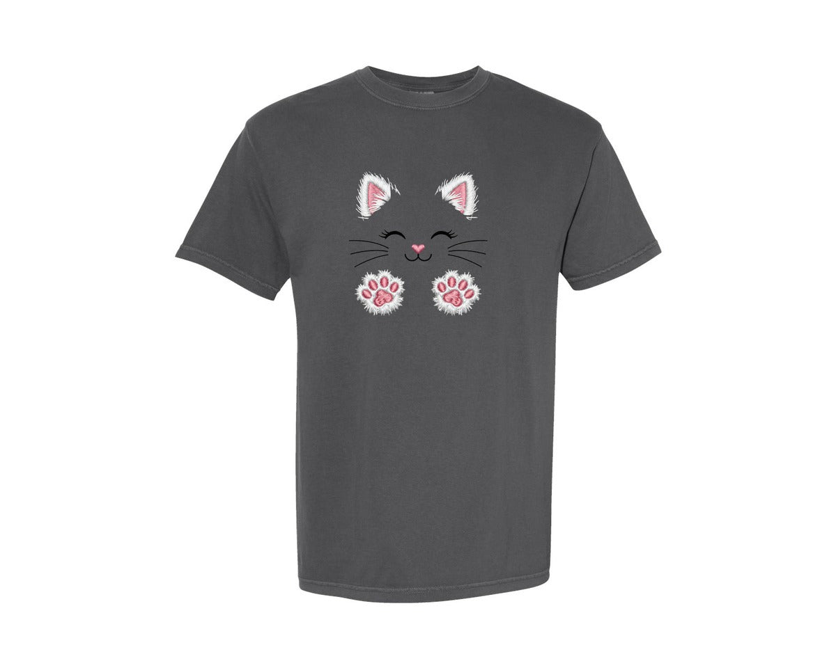 brand:Comfort Colors|color:Pepper|Cute Embroidery Cat Face With Paws Graphic T-Shirt