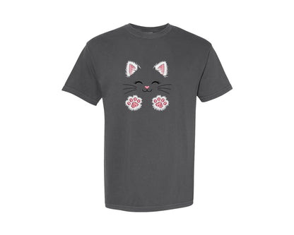brand:Comfort Colors|color:Pepper|Cute Embroidery Cat Face With Paws Graphic T-Shirt