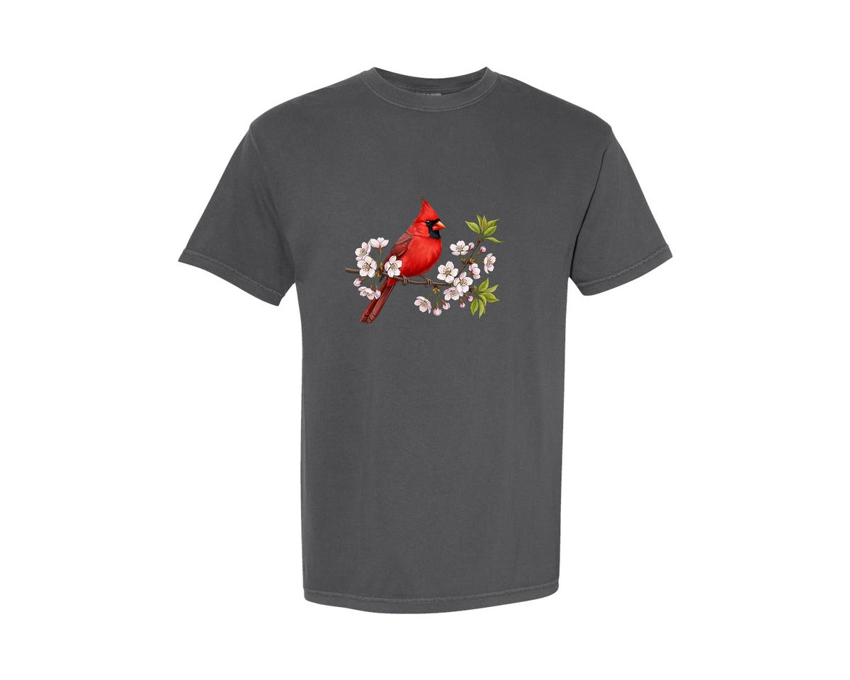 brand:Comfort Colors|color:Pepper|Red Cardinal On Blossom Branch Graphic T-Shirt