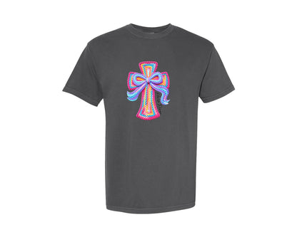 brand:Comfort Colors|color:Pepper|Faux Crochet Cross Easter Pink Graphic T-Shirt