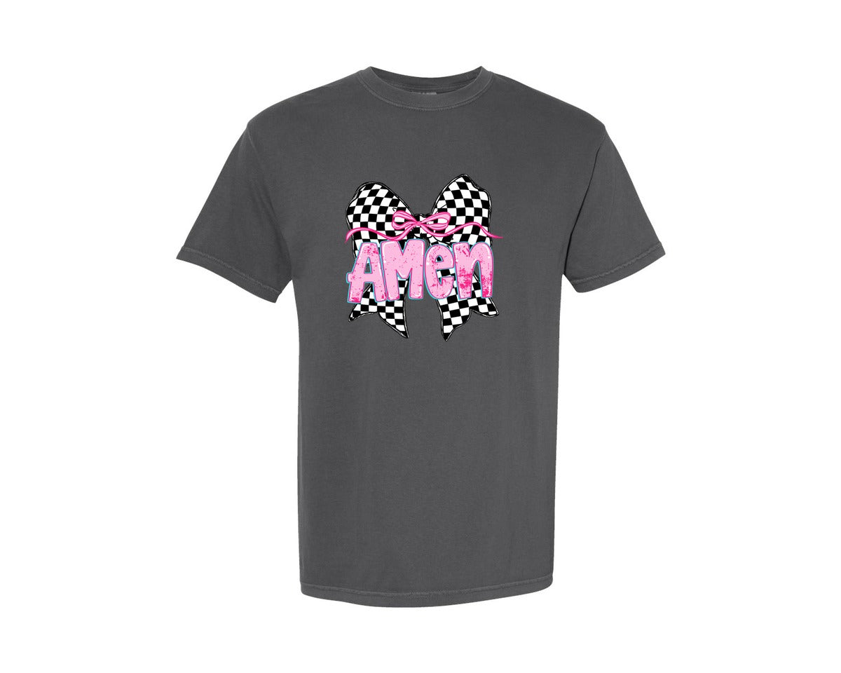 brand:Comfort Colors|color:Pepper|Amen Coquette Checkered Bow Christian Graphic T-Shirt