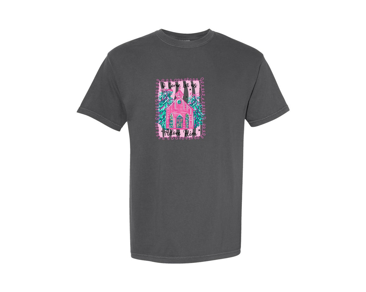 brand:Comfort Colors|color:Pepper|O Come Let Us Adore Him Church Christmas Graphic T-Shirt
