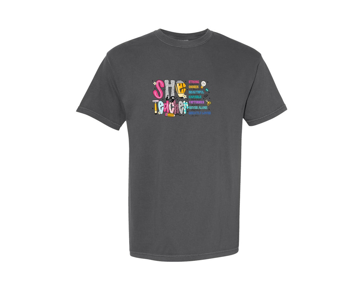 brand:Comfort Colors|color:Pepper|She Is Teacher Christian Teacher Graphic T-Shirt