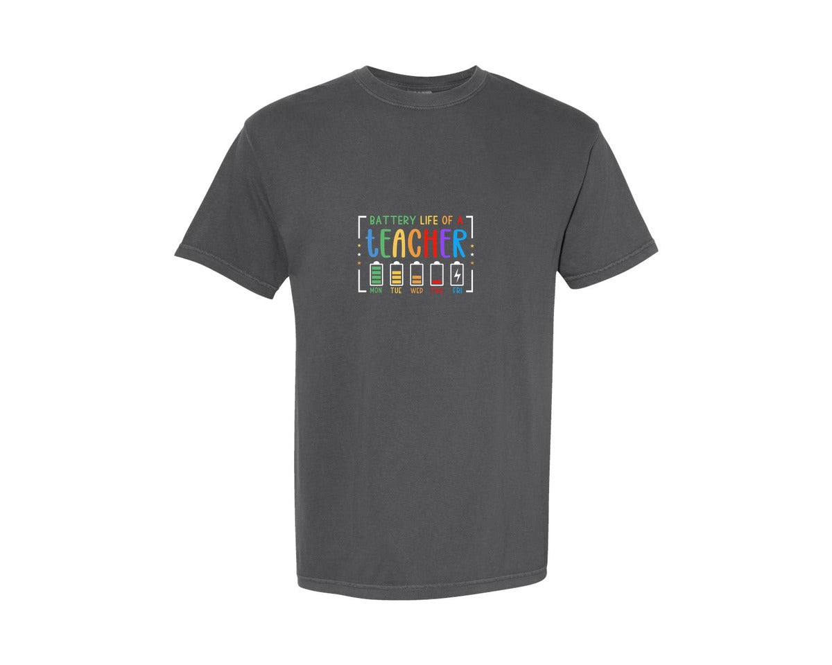 brand:Comfort Colors|color:Pepper|Battery Life Of A Teacher Funny 10 Graphic T-Shirt