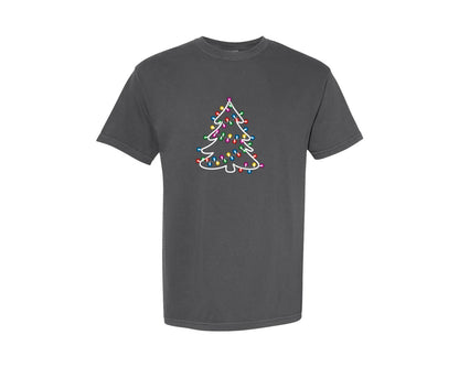 brand:Comfort Colors|color:Pepper|Merry Christmas Holiday Light Tree Graphic T-Shirt