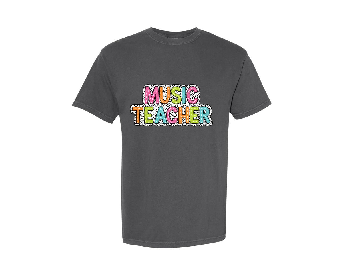 brand:Comfort Colors|color:Pepper|Music Teacher Dalmatian Dots Doodle Graphic T-Shirt