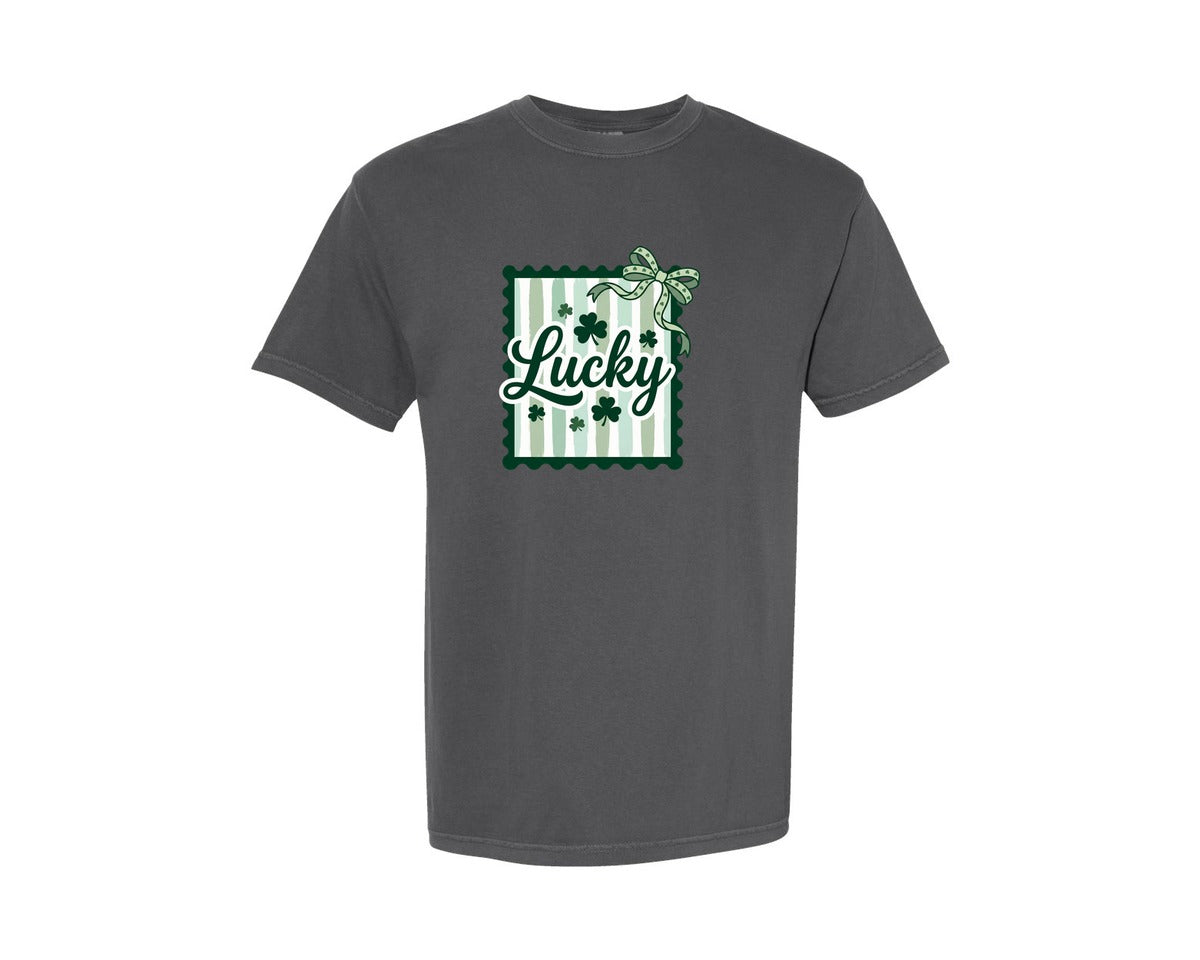 brand:Comfort Colors|color:Pepper|Cute Lucky Clover Bow Graphic T-Shirt