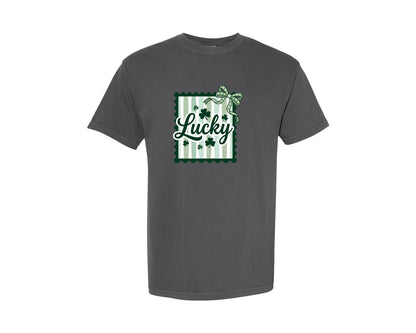 brand:Comfort Colors|color:Pepper|Cute Lucky Clover Bow Graphic T-Shirt