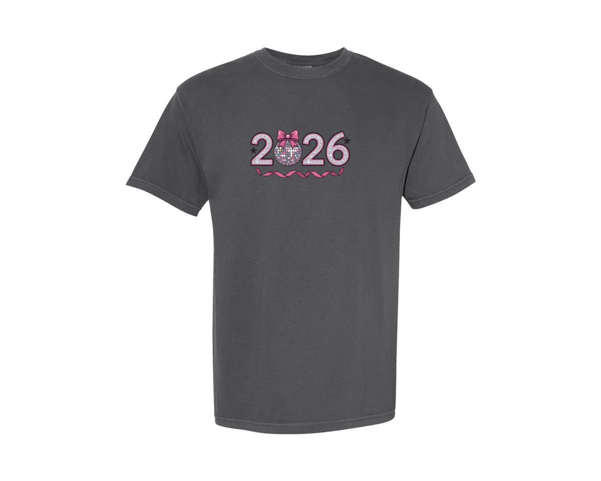 brand:Comfort Colors|color:Pepper|Coquette New Year 2026 Disco Ball 2 Graphic T-Shirt