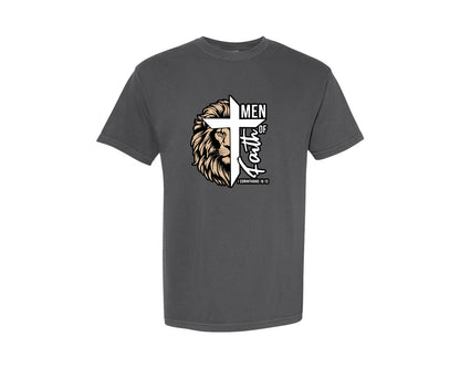 brand:Comfort Colors|color:Pepper|Men Of Faith Lion Cross Religious Graphic T-Shirt