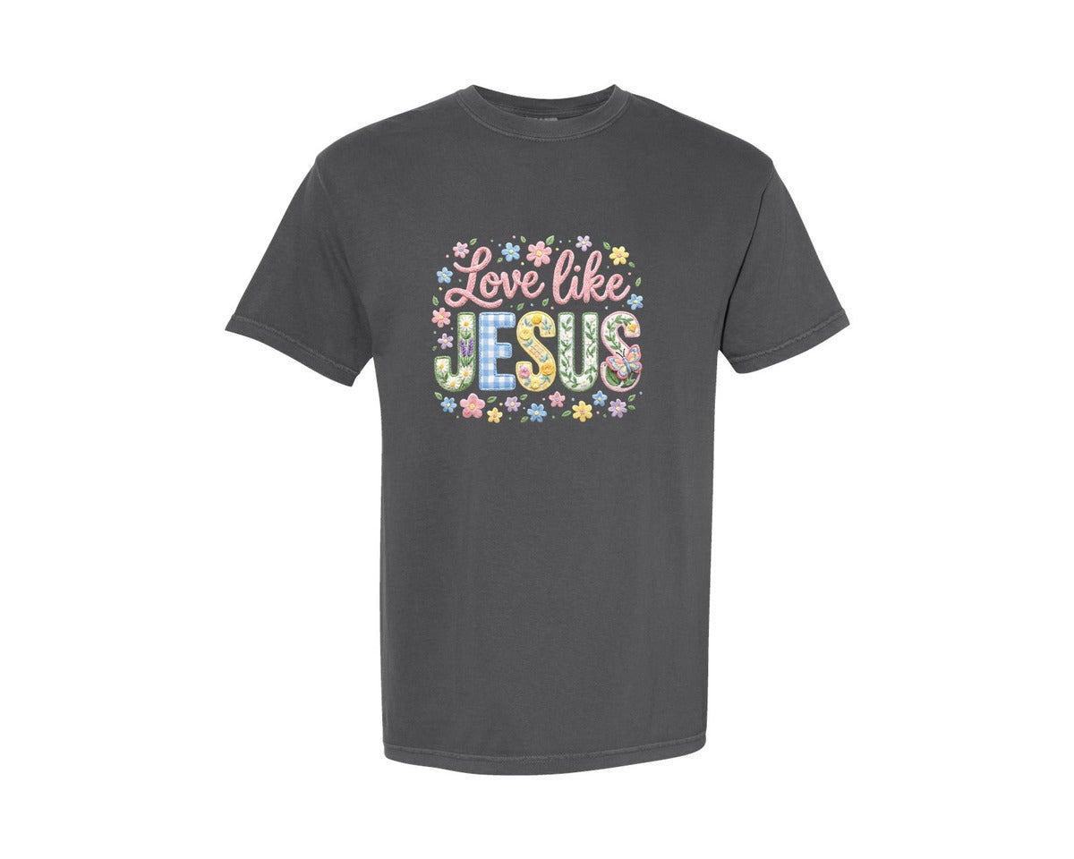 brand:Comfort Colors|color:Pepper|Love Like Jesus Floral Yarn Valentine Tshirt Graphic T-Shirt