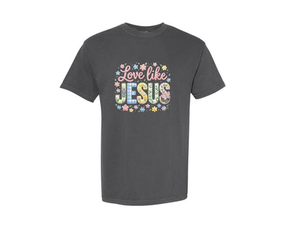 brand:Comfort Colors|color:Pepper|Love Like Jesus Floral Yarn Valentine Tshirt Graphic T-Shirt
