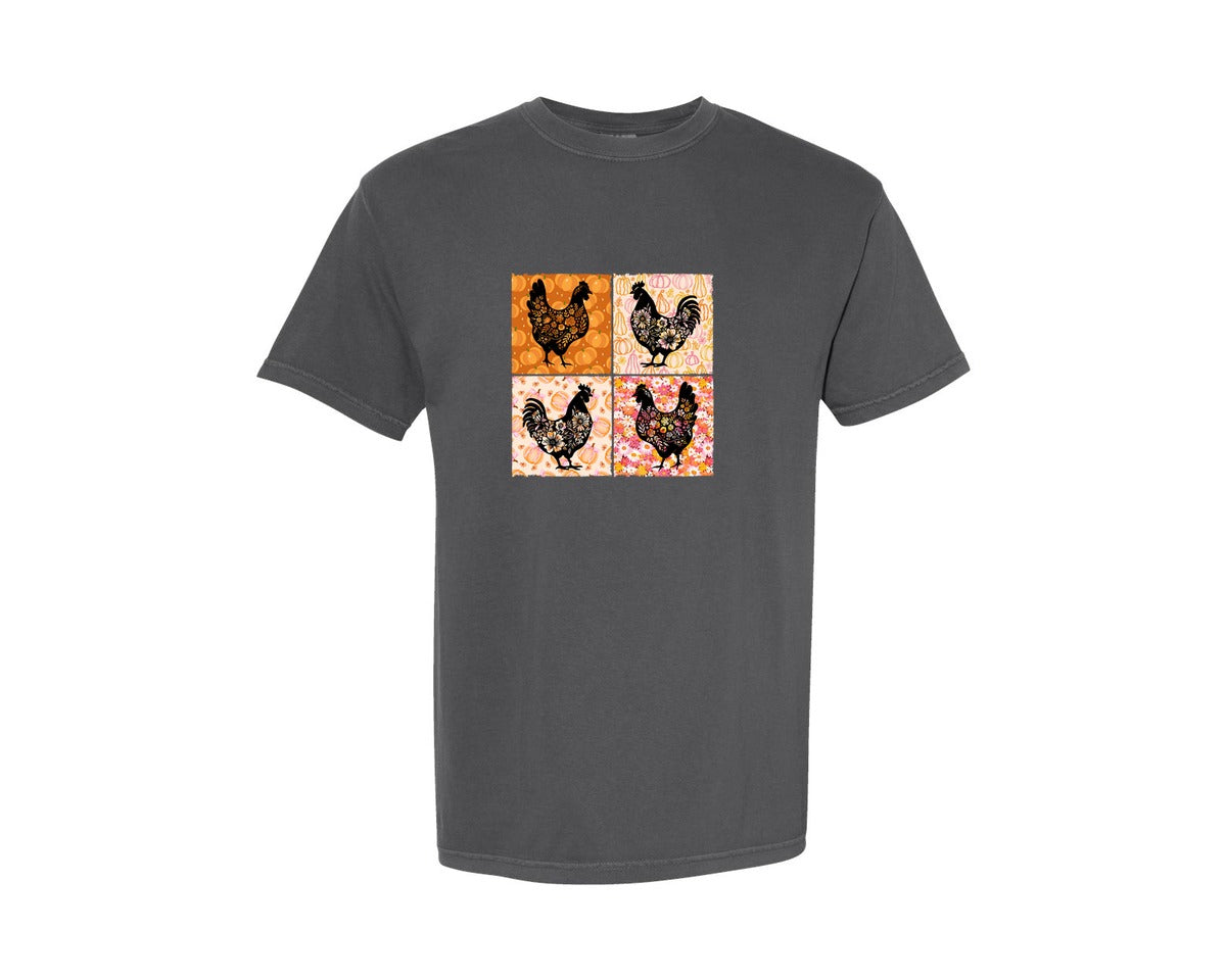 brand:Comfort Colors|color:Pepper|Floral Fall Chicken Pumpkin Graphic T-Shirt