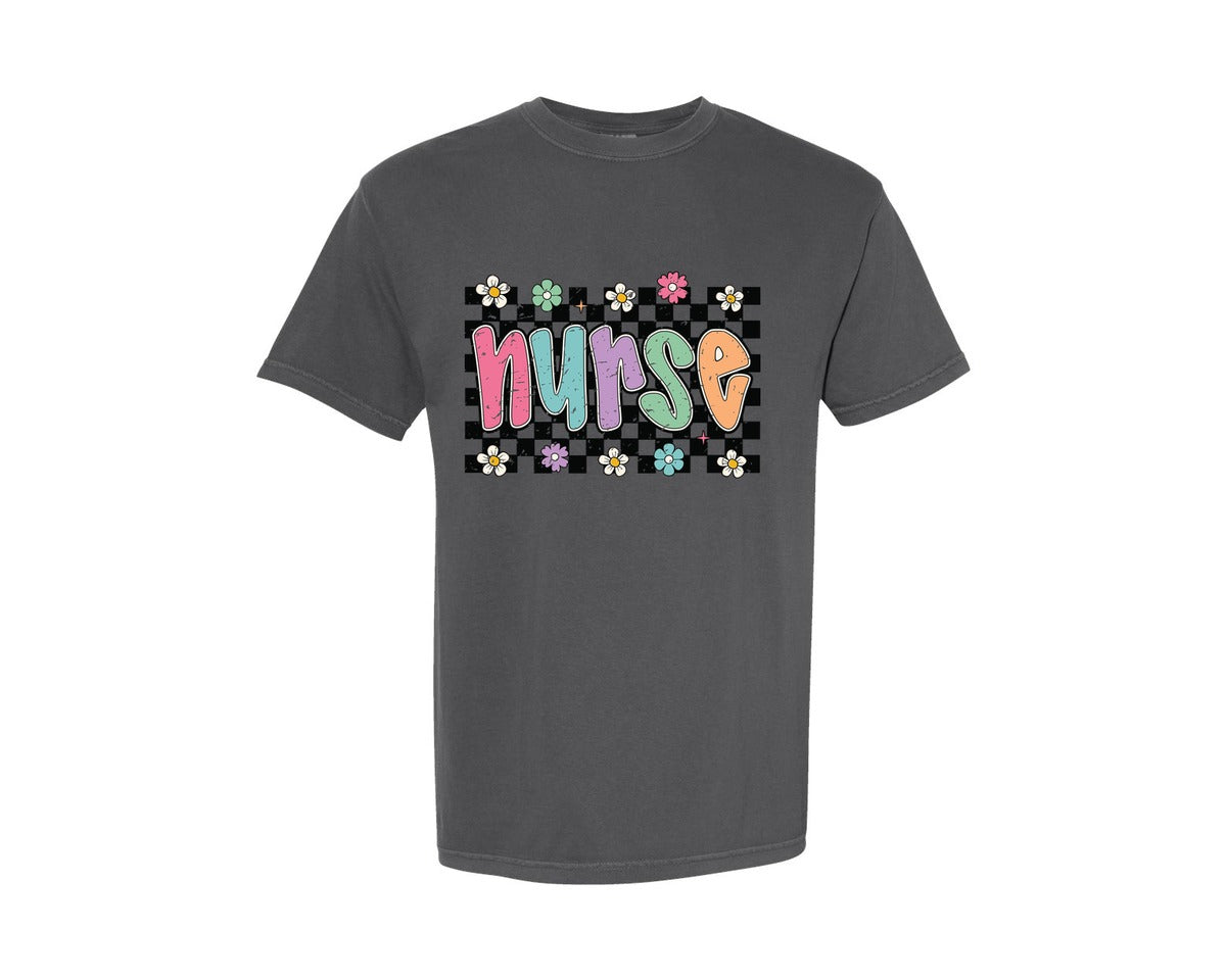 brand:Comfort Colors|color:Pepper|Nurse Retro Checkered Nurse Floral Graphic T-Shirt