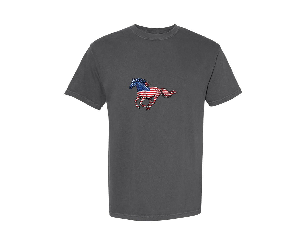 brand:Comfort Colors|color:Pepper|American Flag Horse Running Vector Graphic T-Shirt