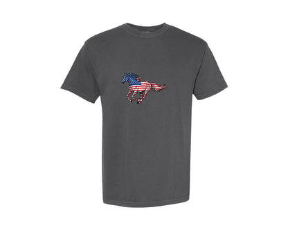 brand:Comfort Colors|color:Pepper|American Flag Horse Running Vector Graphic T-Shirt