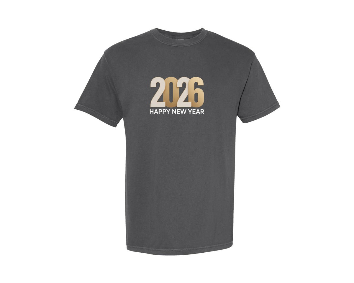 brand:Comfort Colors|color:Pepper|Happy New Year 2026 Gold Shirt Graphic T-Shirt