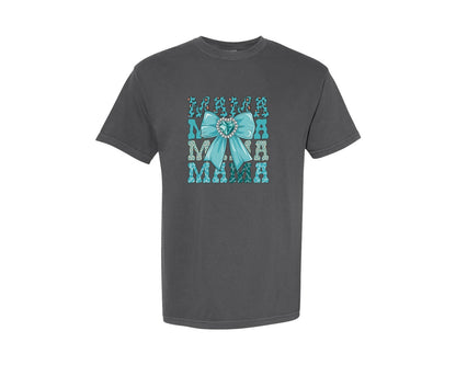 brand:Comfort Colors|color:Pepper|Trendy Mama Leopard Print Bow 3 Graphic T-Shirt
