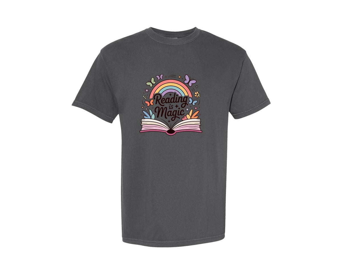 brand:Comfort Colors|color:Pepper|Rainbow Book Lover Reading Is Magic Graphic T-Shirt