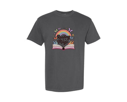 brand:Comfort Colors|color:Pepper|Rainbow Book Lover Reading Is Magic Graphic T-Shirt