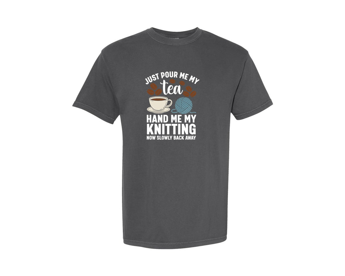 brand:Comfort Colors|color:Pepper|Funny Knitting And Tea T Shirt Design Graphic T-Shirt
