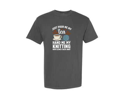 brand:Comfort Colors|color:Pepper|Funny Knitting And Tea T Shirt Design Graphic T-Shirt