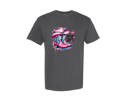 brand:Comfort Colors|color:Pepper|Lets Go Girls Pink Cowgirl Boots Graphic T-Shirt