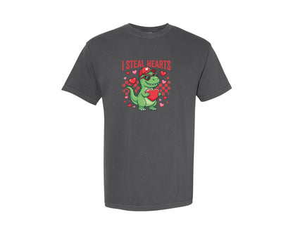brand:Comfort Colors|color:Pepper|I Steal Hearts Funny T Rex Valentine Graphic T-Shirt