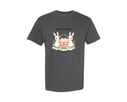 brand:Comfort Colors|color:Pepper|Happy Easter Bunnies With Basket Cu Graphic T-Shirt