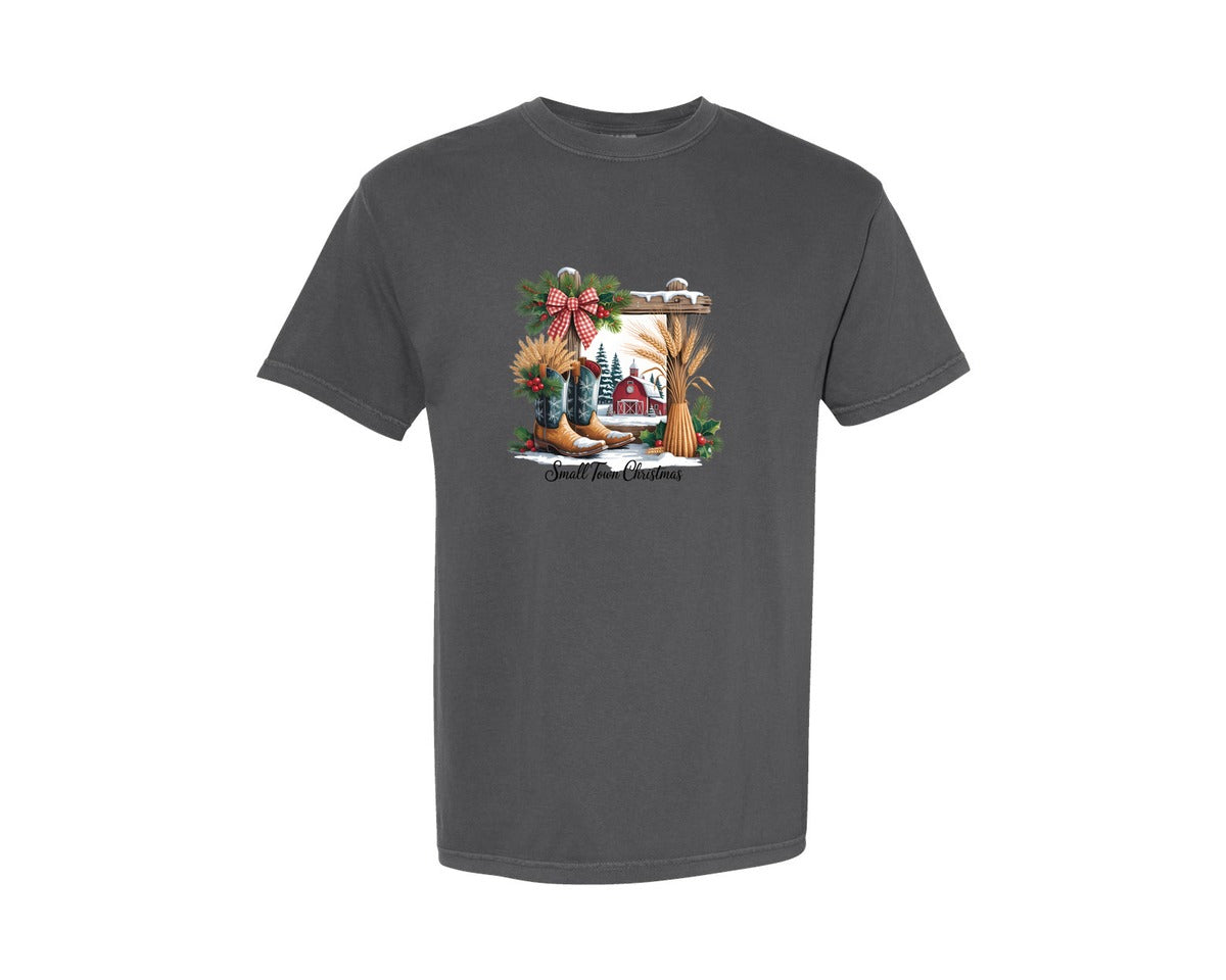 brand:Comfort Colors|color:Pepper|Small Town Christmas Farm Scene Graphic T-Shirt