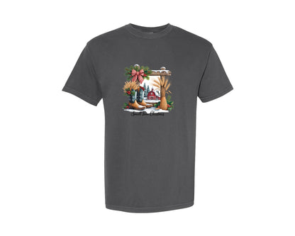 brand:Comfort Colors|color:Pepper|Small Town Christmas Farm Scene Graphic T-Shirt