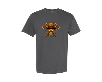 brand:Comfort Colors|color:Pepper|Firefighter Skull Skull Helmet Graphic T-Shirt