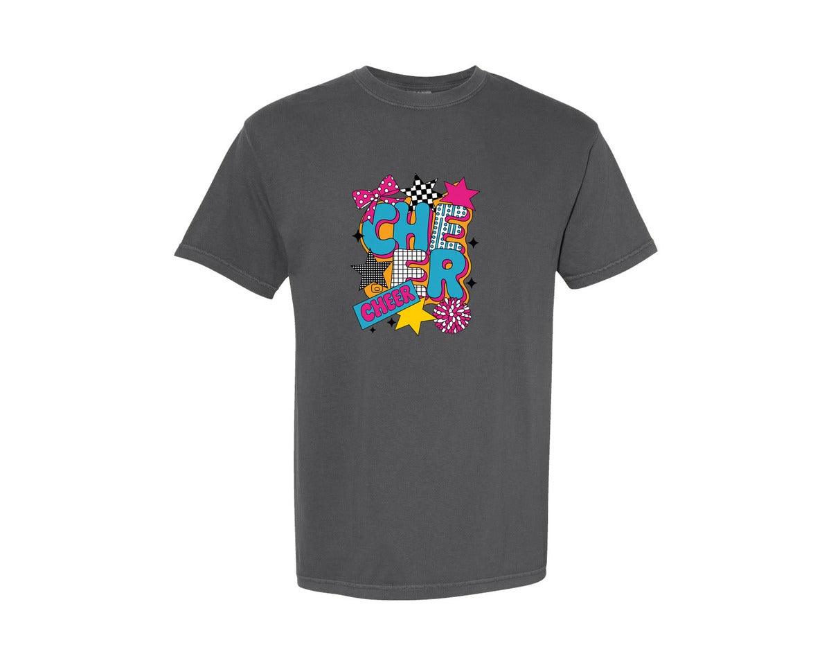 brand:Comfort Colors|color:Pepper|Cheer Preppy Cheer Mom Colorful Bow Graphic T-Shirt