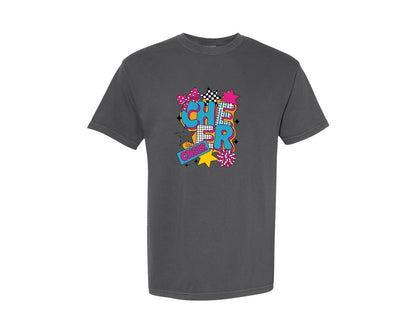 brand:Comfort Colors|color:Pepper|Cheer Preppy Cheer Mom Colorful Bow Graphic T-Shirt