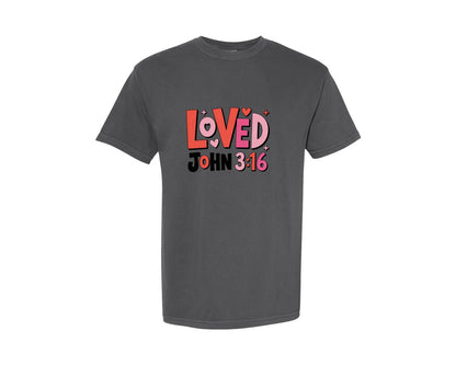 brand:Comfort Colors|color:Pepper|Loved John 316 Bible Valentine Graphic T-Shirt