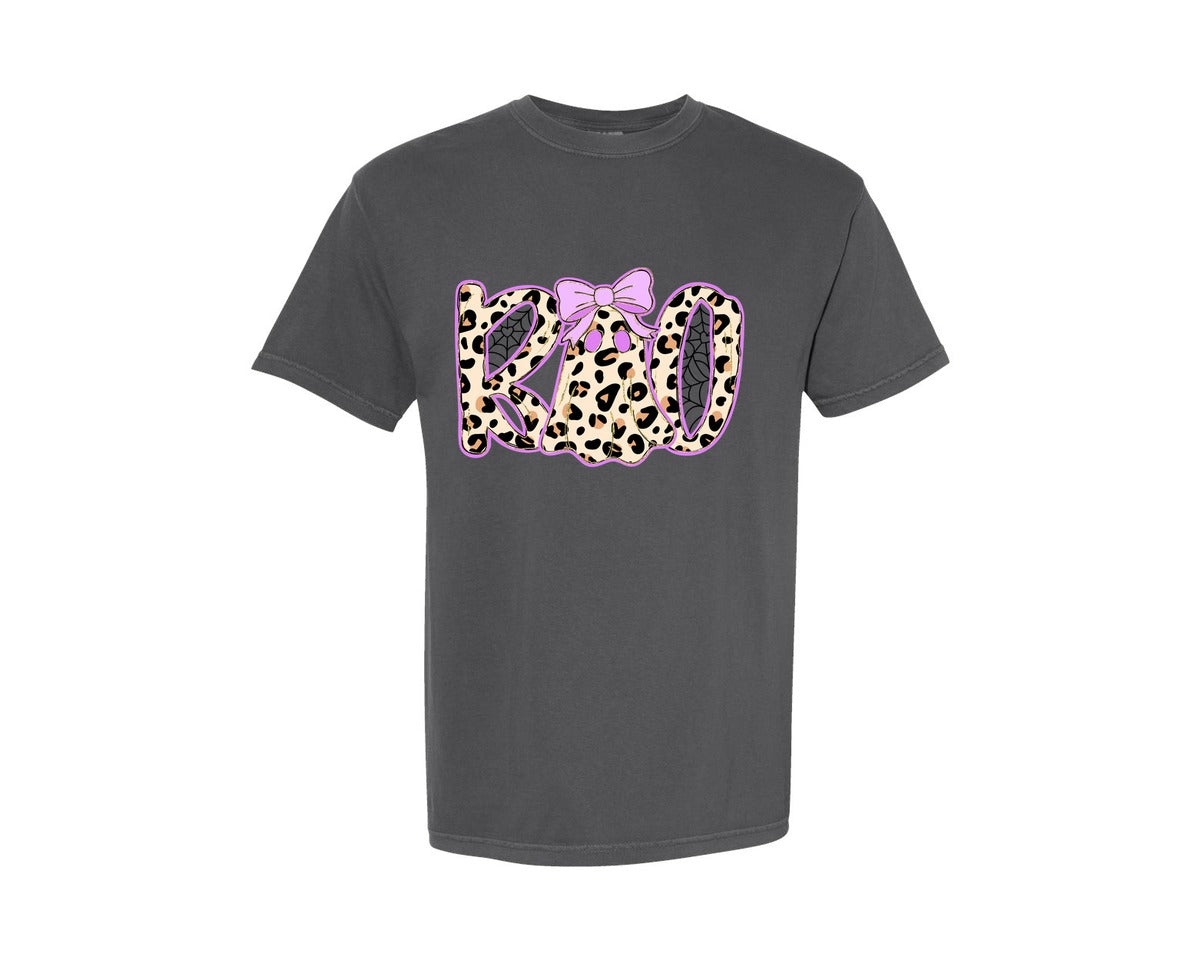 brand:Comfort Colors|color:Pepper|Leopard Print Purple Boo Ghost Graphic T-Shirt