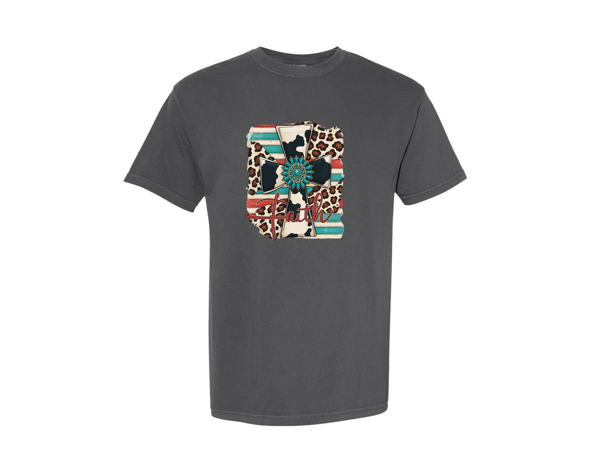 brand:Comfort Colors|color:Pepper|Western Cross Navajo Turquoise Graphic T-Shirt