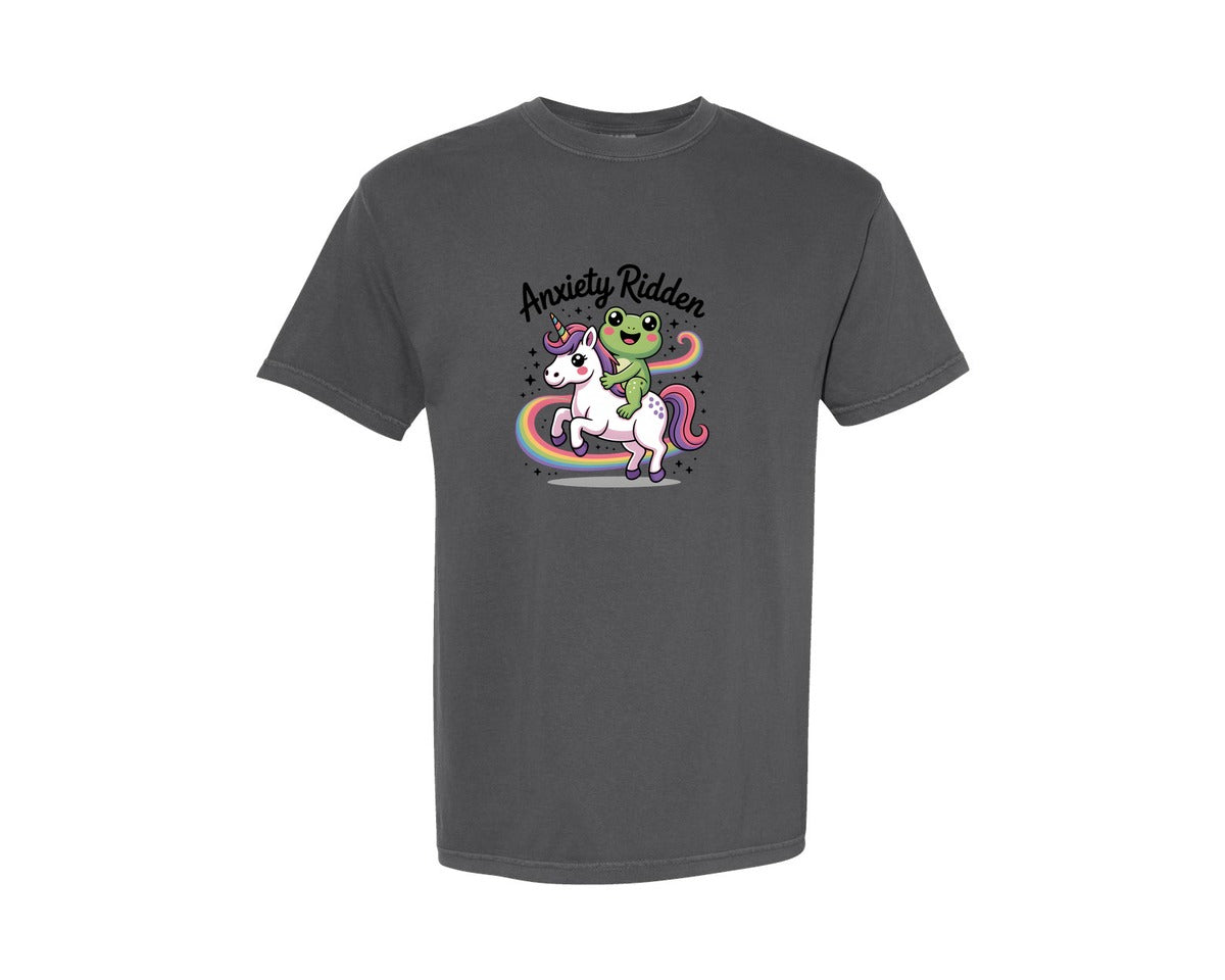 brand:Comfort Colors|color:Pepper|Cute Frog Anxiety Ridden Unicorn Graphic T-Shirt