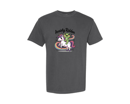 brand:Comfort Colors|color:Pepper|Cute Frog Anxiety Ridden Unicorn Graphic T-Shirt