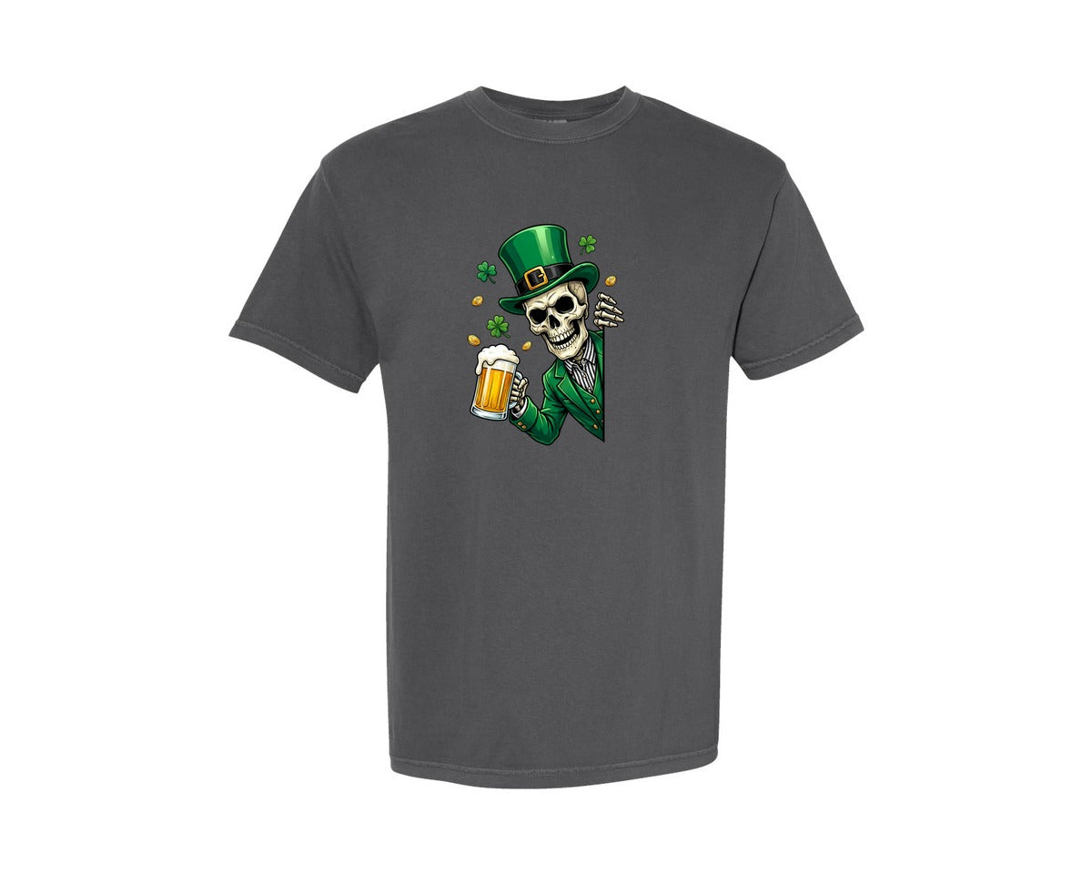 brand:Comfort Colors|color:Pepper|Skeleton Drinking Beer St Patricks Graphic T-Shirt
