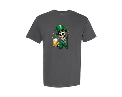 brand:Comfort Colors|color:Pepper|Skeleton Drinking Beer St Patricks Graphic T-Shirt