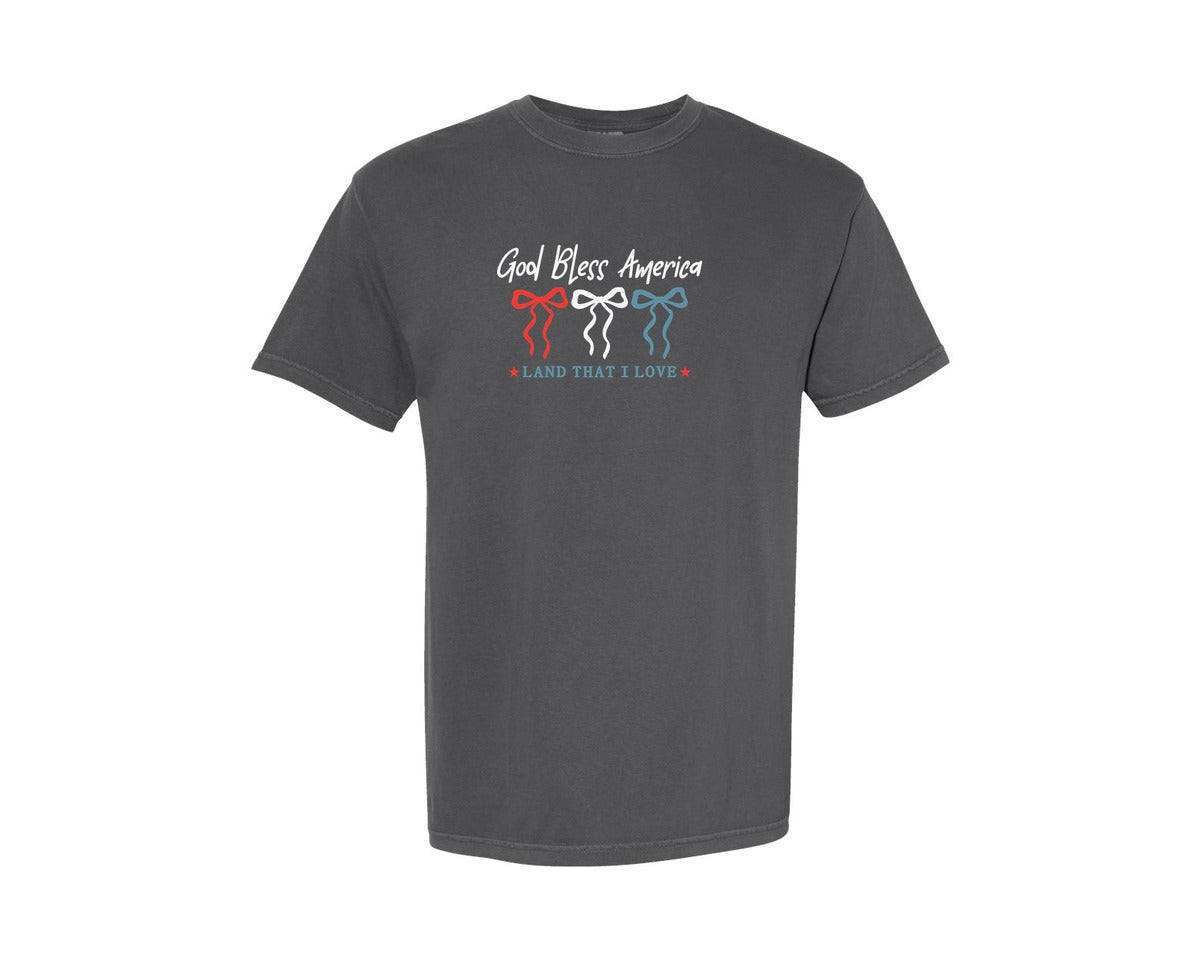 brand:Comfort Colors|color:Pepper|4Th Of July God Bless America Usa Ribbon Graphic T-Shirt