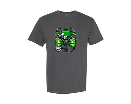 brand:Comfort Colors|color:Pepper|Nurse St Patricks Day Coquette Bow 3 Graphic T-Shirt