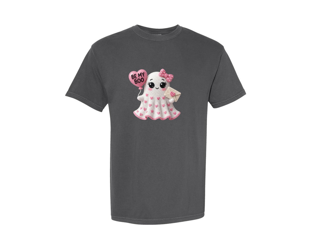 brand:Comfort Colors|color:Pepper|Be My Boo Crochet Yarn Valentine Ghost Graphic T-Shirt