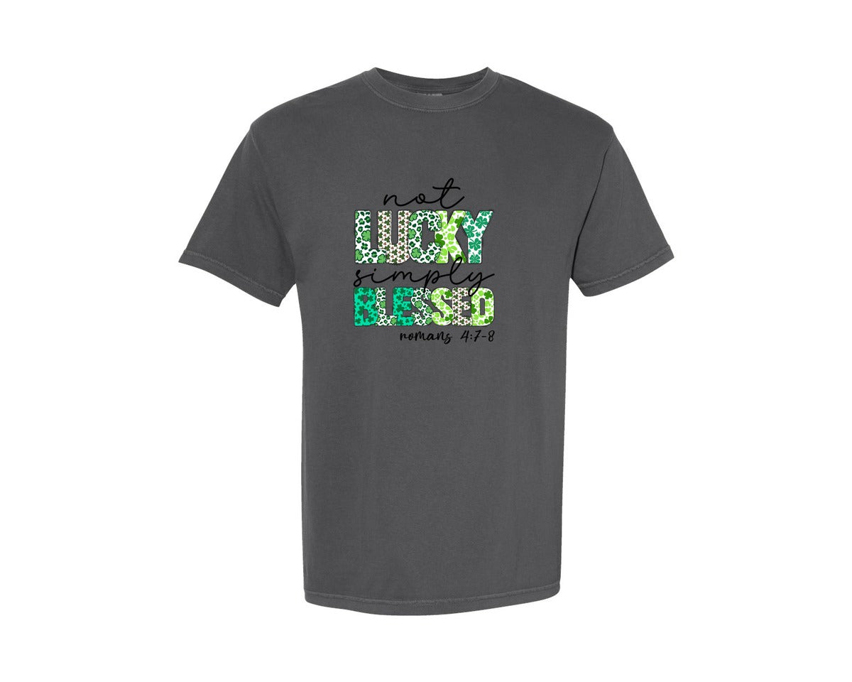 brand:Comfort Colors|color:Pepper|Not Lucky Simply Blessed Leopard Graphic T-Shirt