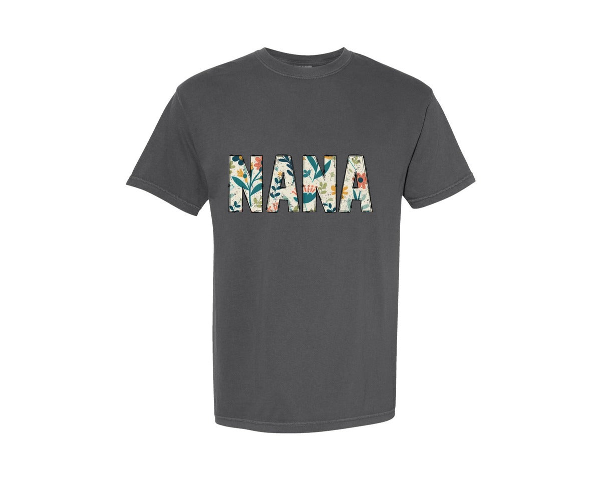 brand:Comfort Colors|color:Pepper|Nana Grandma Floral Doodle Letters Graphic T-Shirt