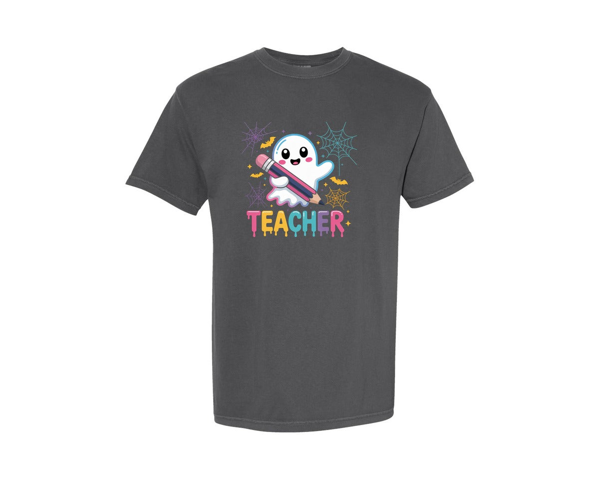 brand:Comfort Colors|color:Pepper|Spooky Teacher Halloween Neon Sign Graphic T-Shirt