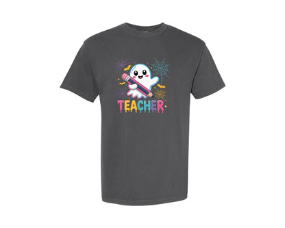 brand:Comfort Colors|color:Pepper|Spooky Teacher Halloween Neon Sign Graphic T-Shirt