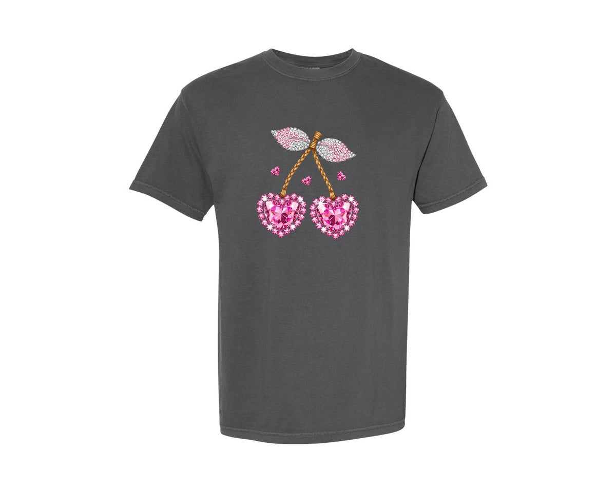 brand:Comfort Colors|color:Pepper|Rhinestone Heart Cherries Valentine 2 Graphic T-Shirt