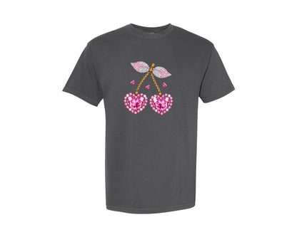 brand:Comfort Colors|color:Pepper|Rhinestone Heart Cherries Valentine 2 Graphic T-Shirt